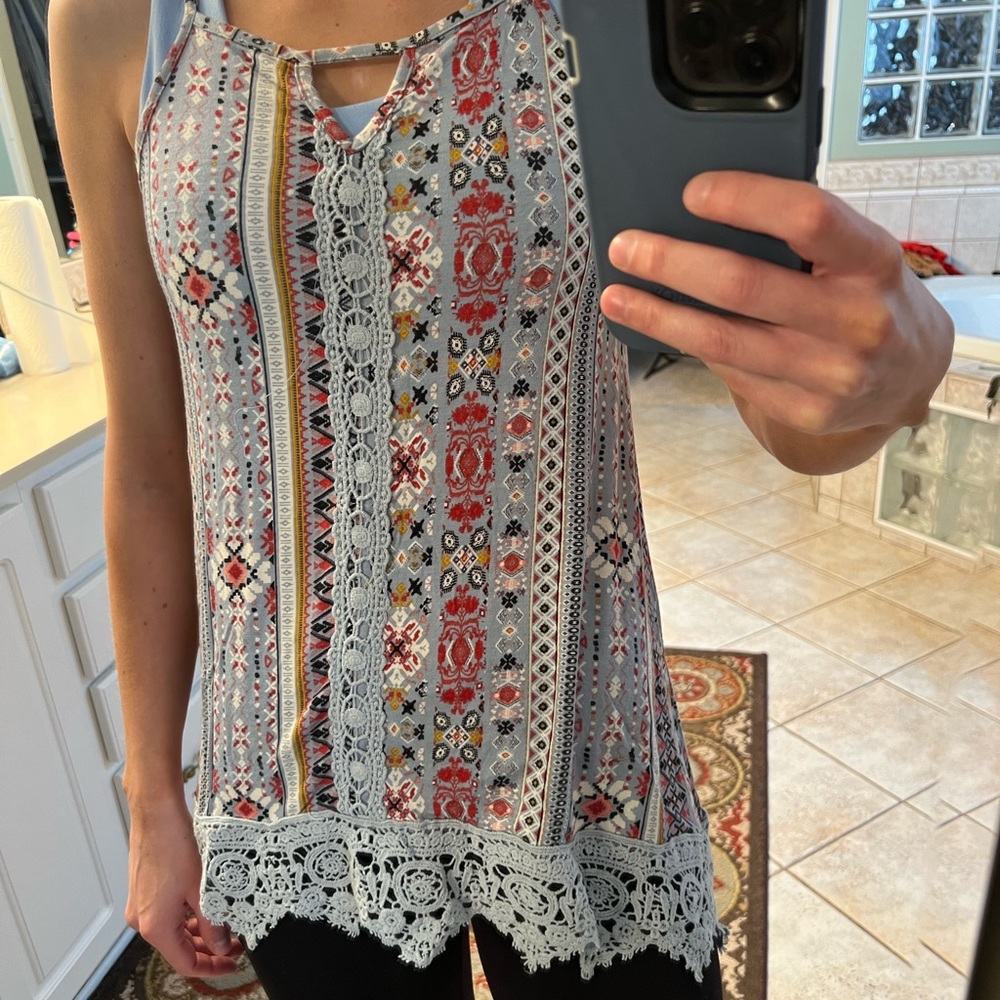 Blue tank top with Aztec pattern